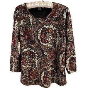 Alia Ladies Dress Paisley Blouse Top, Size Petite Small, Brown,Cream,Rust/Fall